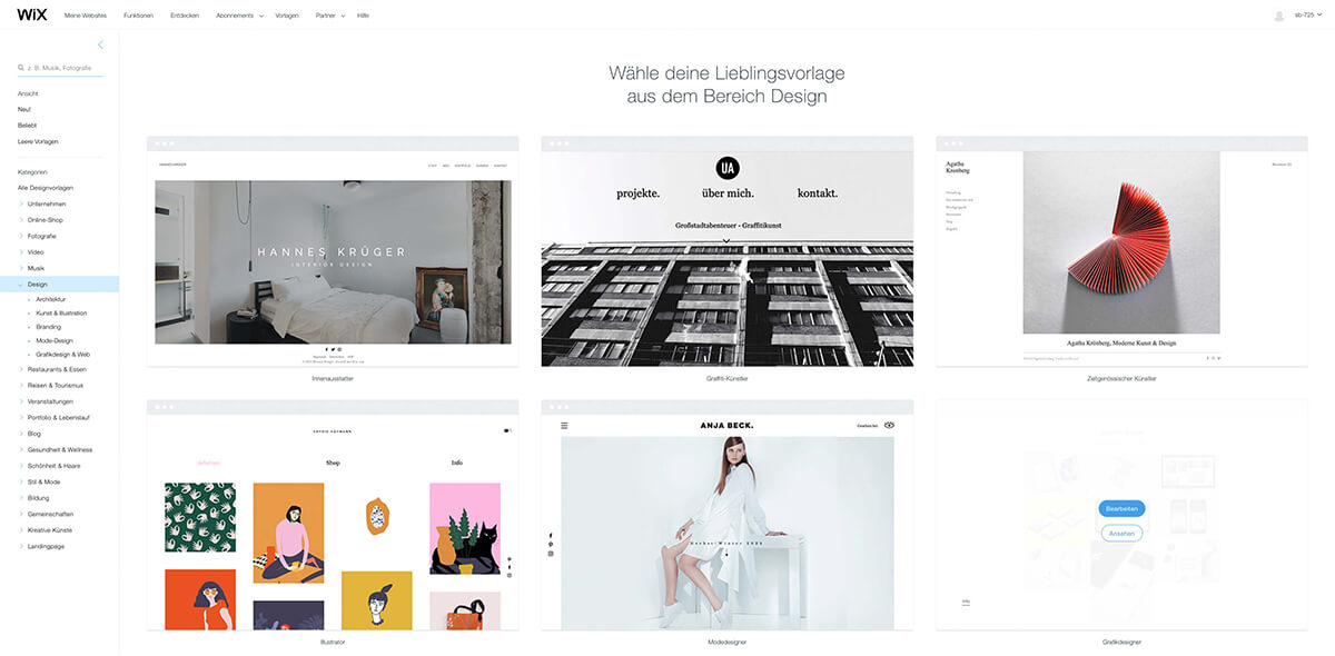 Screenshot der Wix-Designauswahl.