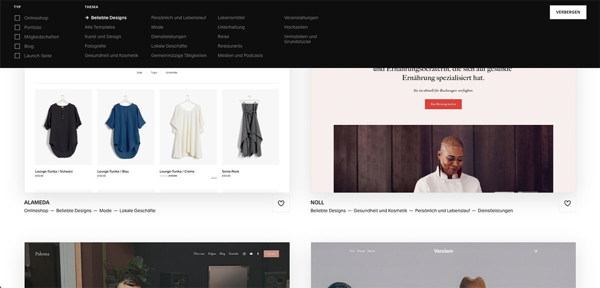 Screenshot der verschiedenen Templates, welche Squarespace anbietet.