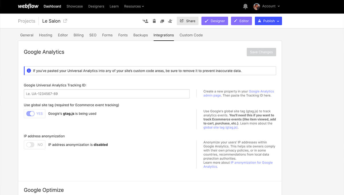 Screenshot der Projekteinstellungen in Webflow.