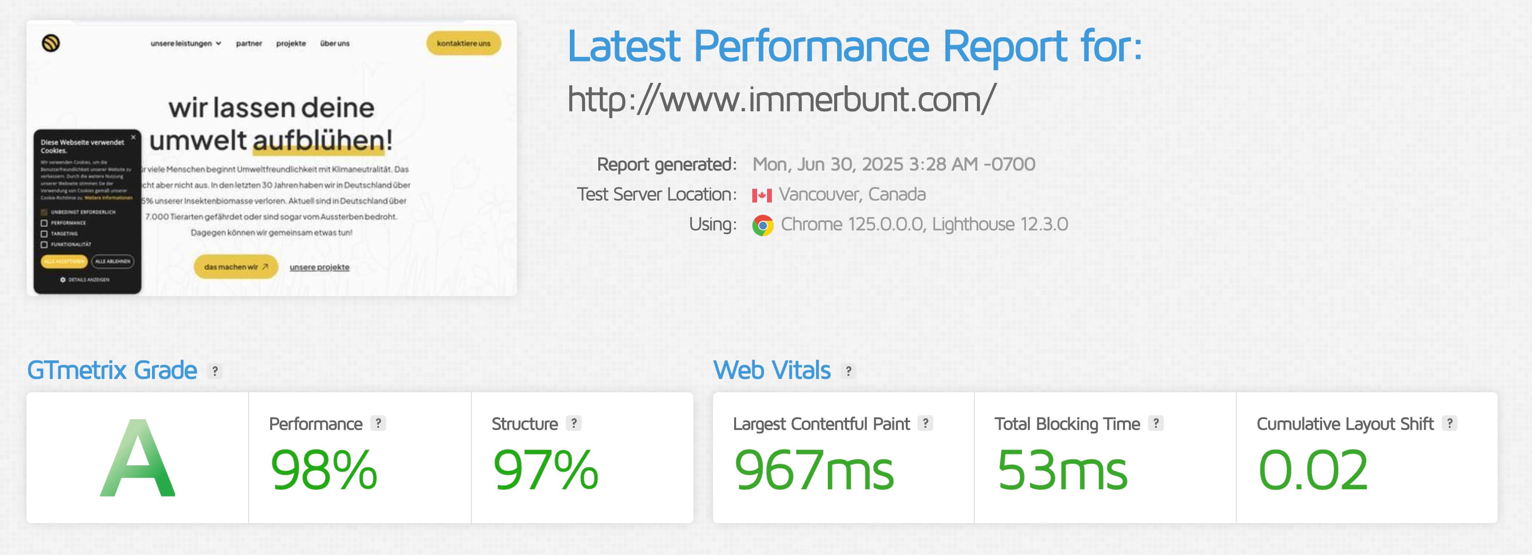 Immerbunt-Website Speedtest